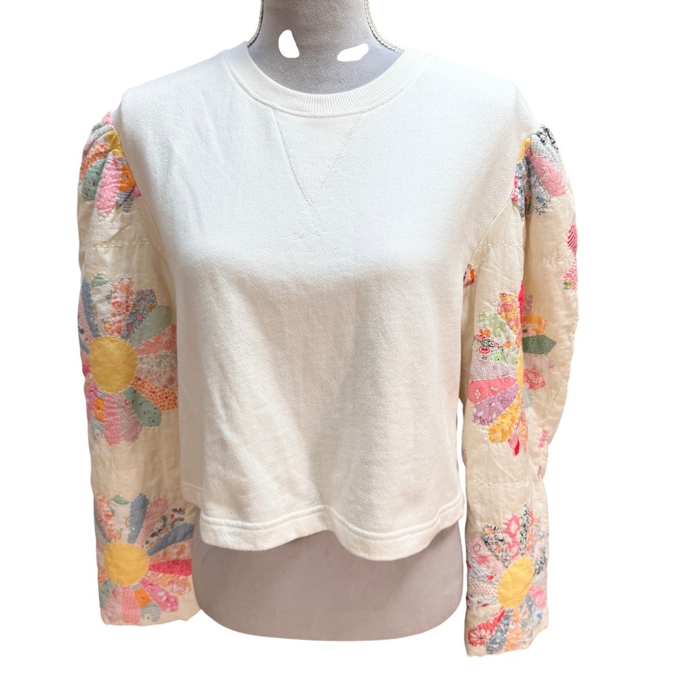 SEA New York Sweatshirt S White Quilted Patchwork Floral Puff Sleeve Boho